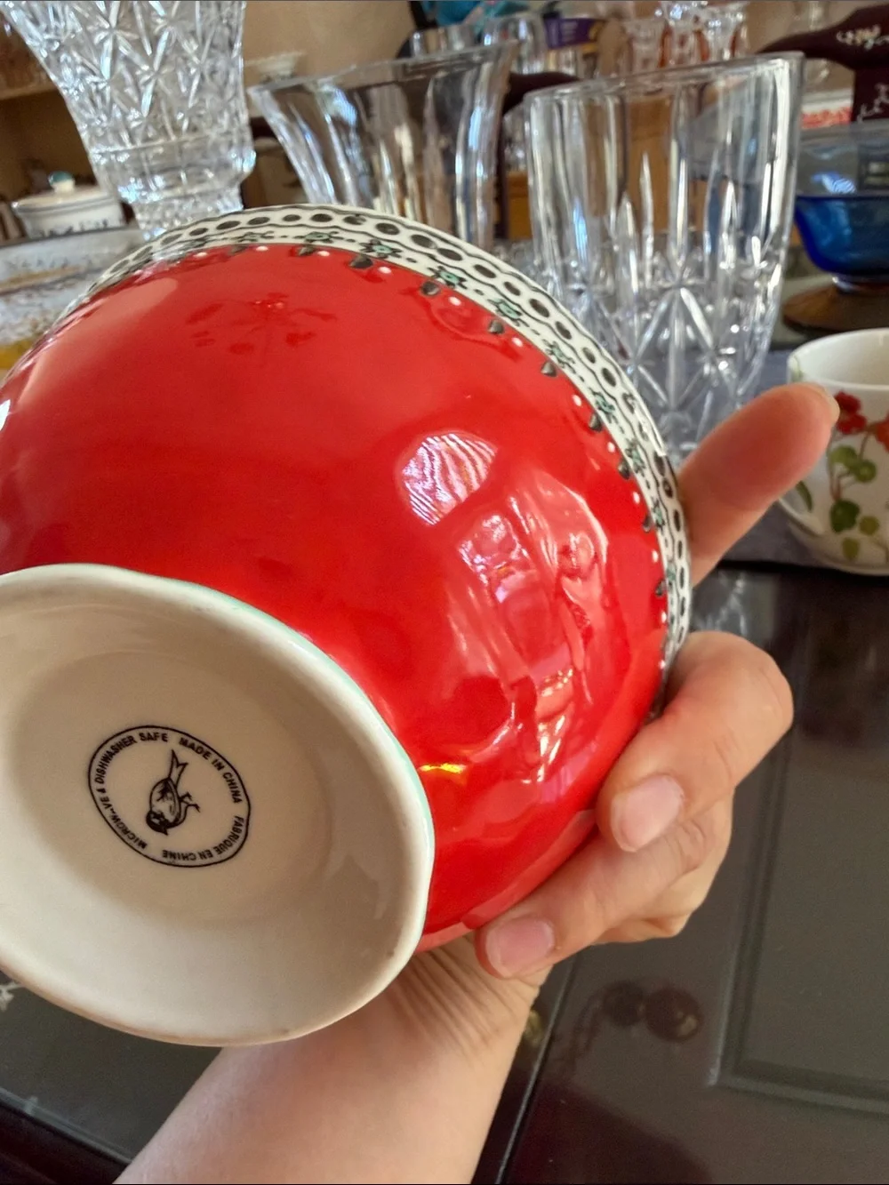 Anthropologie Red and Mint Hand-Painted Ceramic Serving Bowl
